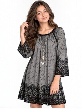Speechless Girls' Knee Length Lace Mesh Polka Dot Dress + Necklace Size 16